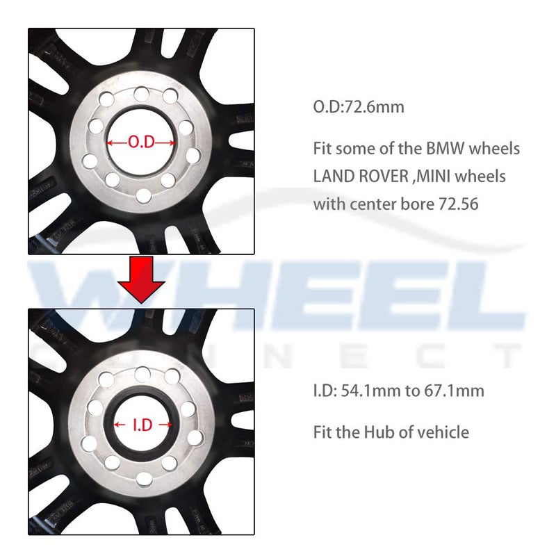 WHEEL CONNECT حلقة مركزية من WHEEL CONNECT، 72.6 إلى 57.1، حلقات محور من سبائك الألمنيوم، 57.1 إلى 72.56، مجموعة من 4، O.D: 72.6-I.D: 57.1 مم. - Image 2